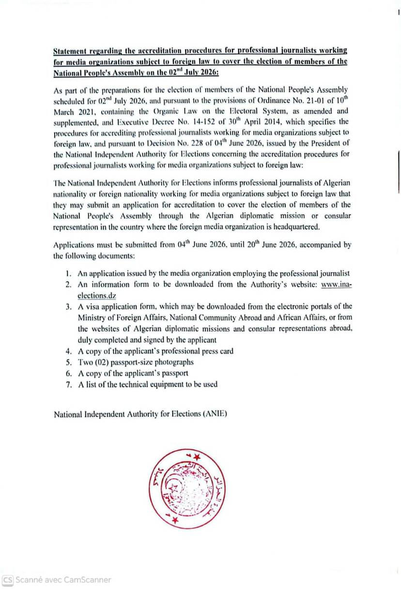 Statement regarding the accreditation procedures for professional journalists working for media organizations subject to foreign law to cover the Election of the Members of the National People's Assembly on the 02nd July 2026
